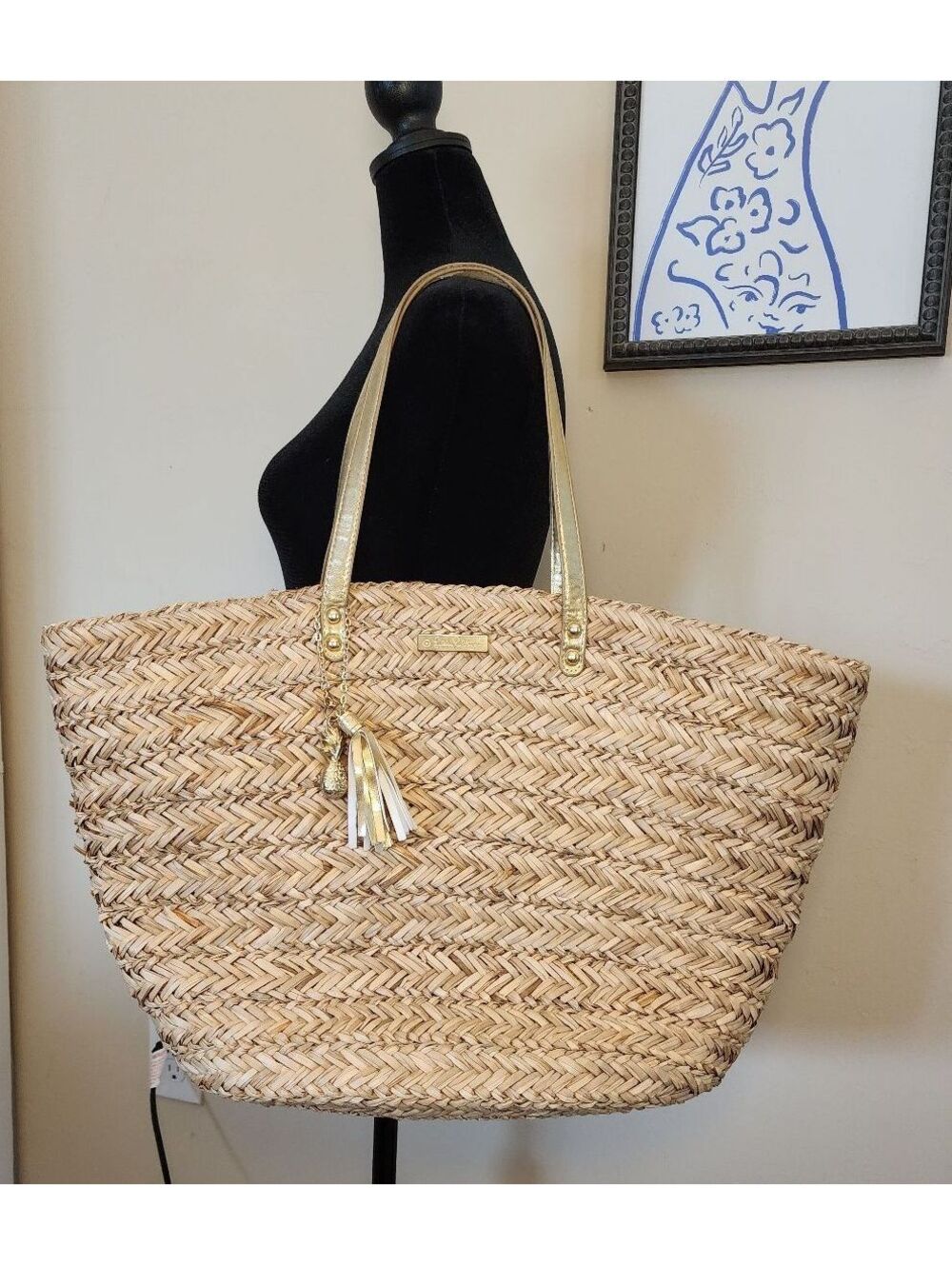 Lilly Pulitzer Large Woven Straw Tote Bag with Gold Handles and Tropical Leaf L-